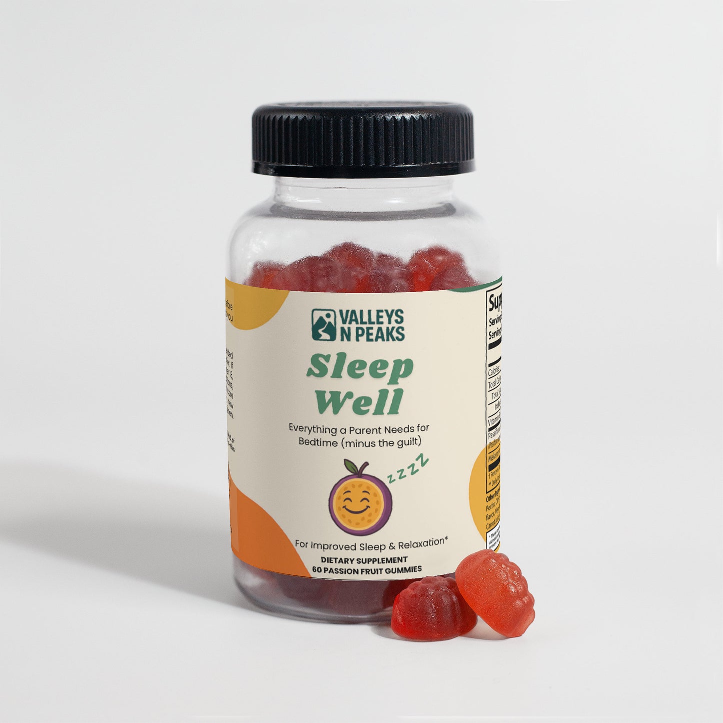 Jar of Valley's N Peaks Sleep Well gummy supplement with a black lid on a white background