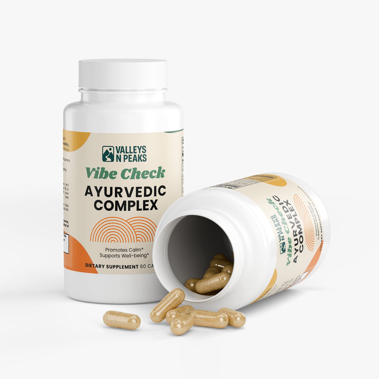 Valleys N Peaks Vibe Check Ayurvedic Complex supplement bottle with open lid on a white background