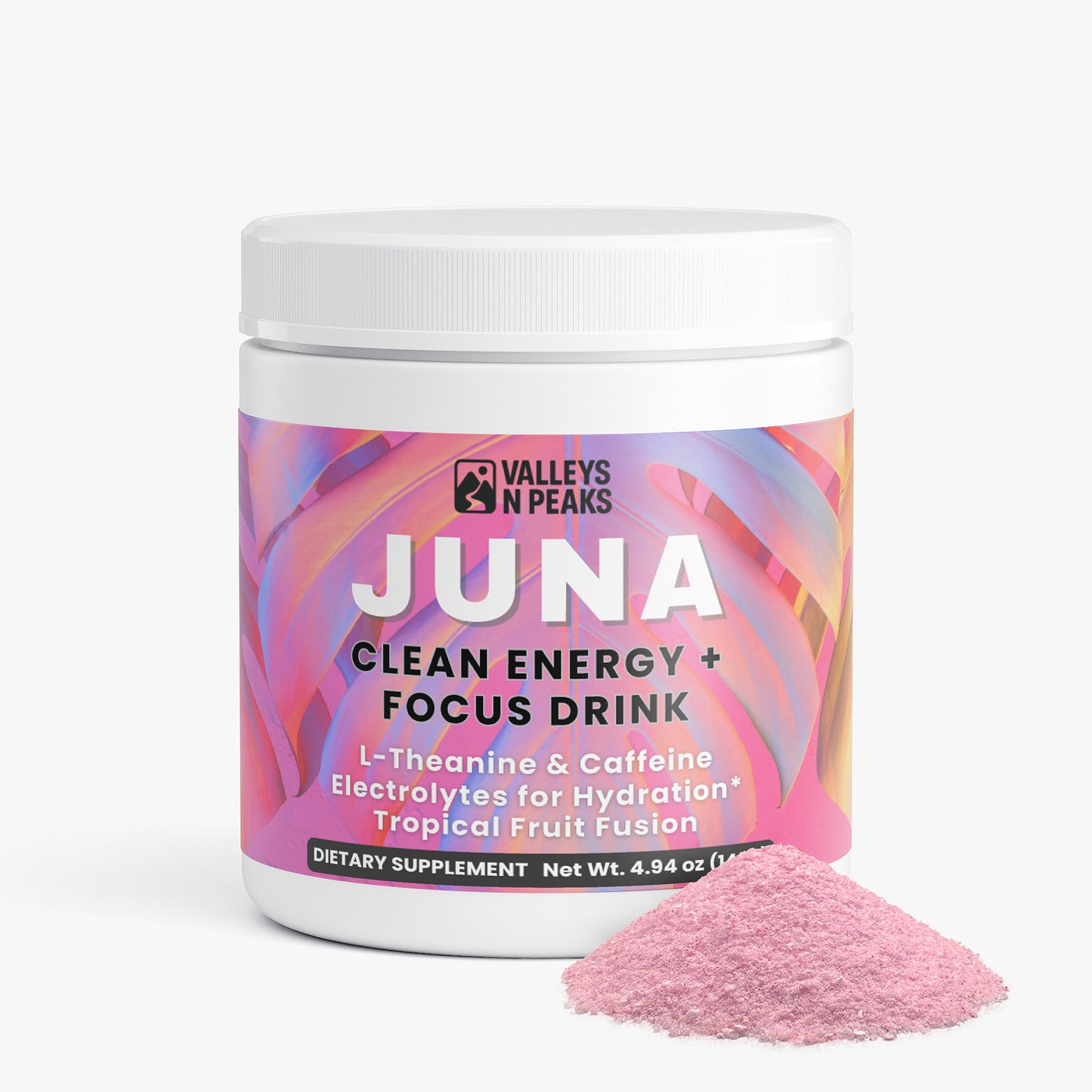 JUNA clean energy and focus drink powder with a colorful label on a white background