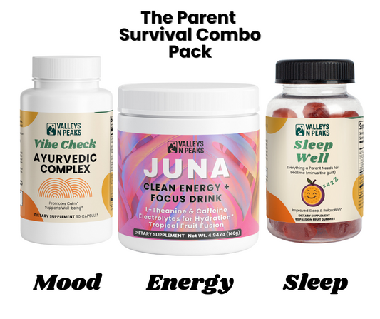 Three supplement bottles labeled 'Vibe Check', 'JUNA', and 'Sleep Well' with text indicating their categories.